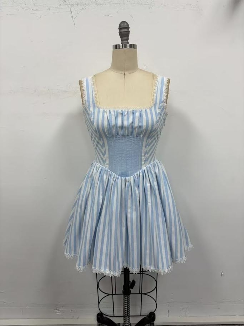 Light Blue Striped Square Neck Fit & Flare Dress